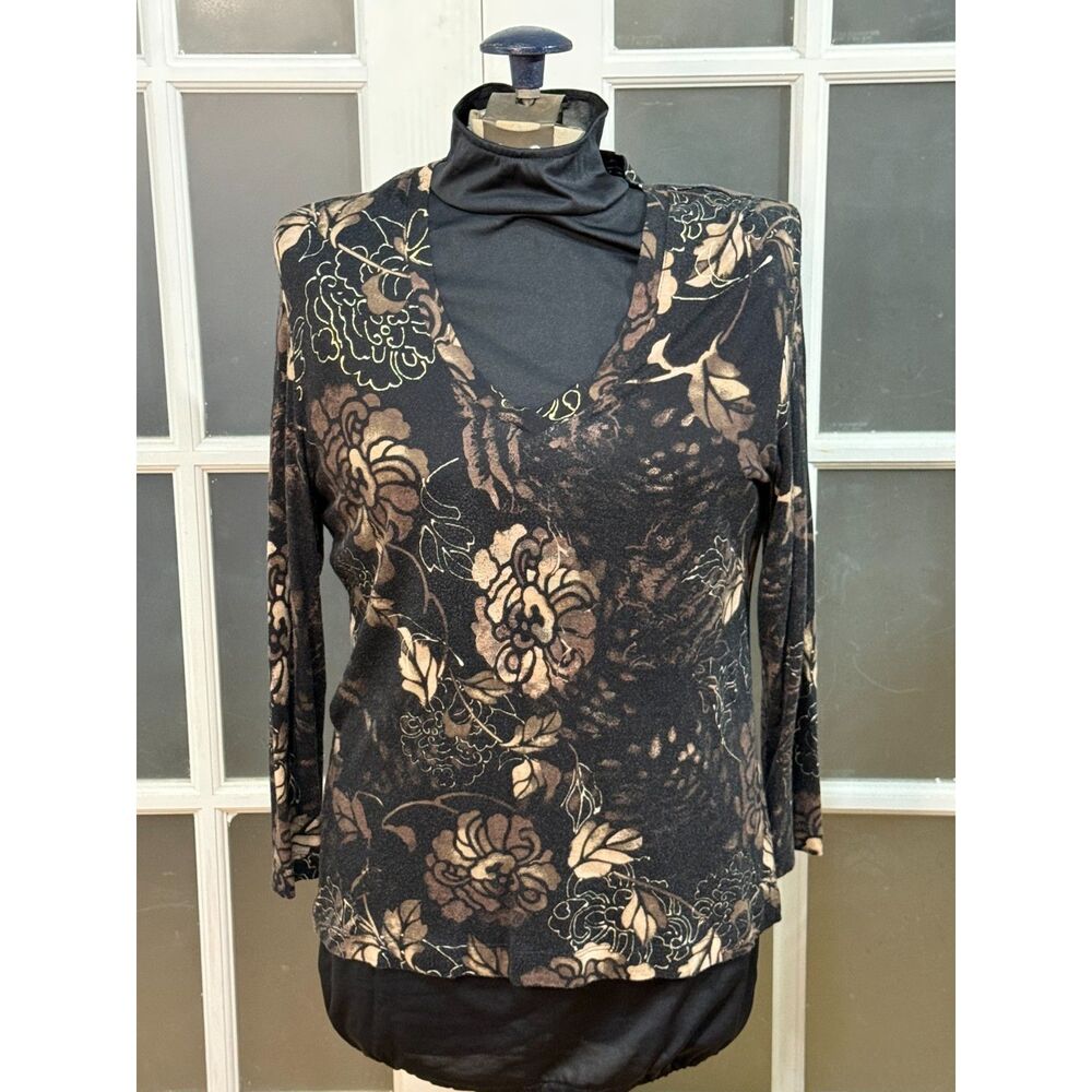 Chico's Metallic Floral Knit Top V-Neck Bronze Gold Black Size 1 M Medium